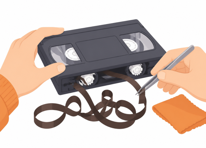 切れたVHSテープを修復する様子
